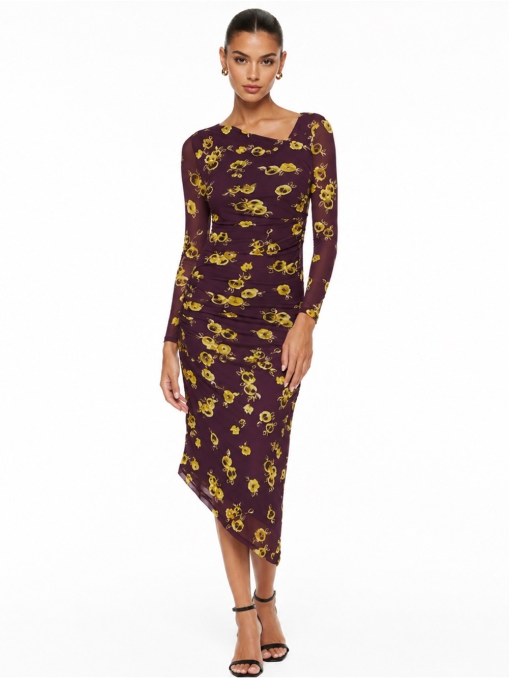 Calvin Klein Plum Purple Floral Asymmetrical Runched Body-con Midi Dress NEW XL